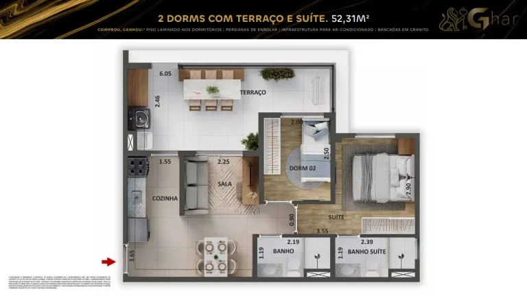 Planta de apartamento 2 dormitórios com terraço e suíte de 52,31 m² no The One Chácara Santo Antônio