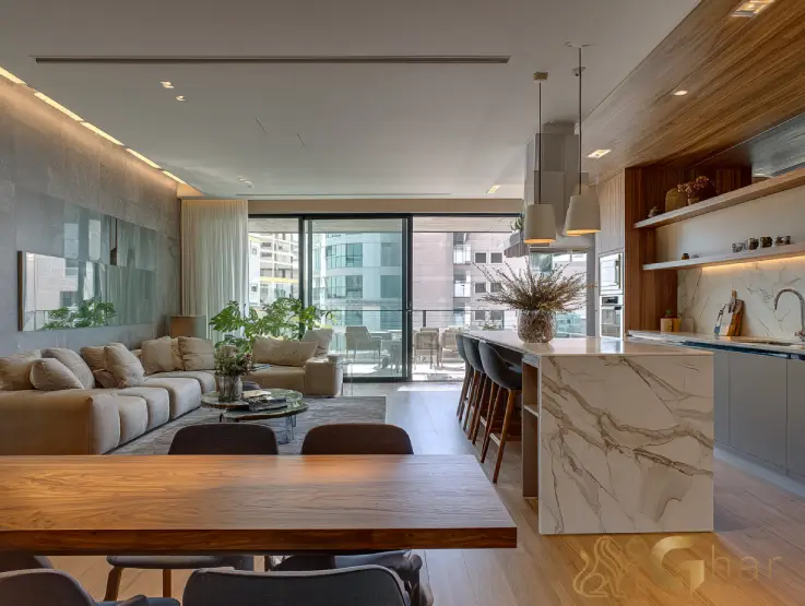 Apartamento decorado com sala de jantar e cozinha aberta no The One Granja Julieta