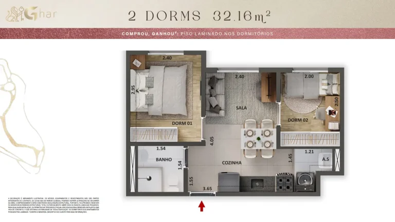 Planta de apartamento 2 dormitórios 32,16 m² no The One Granja Julieta