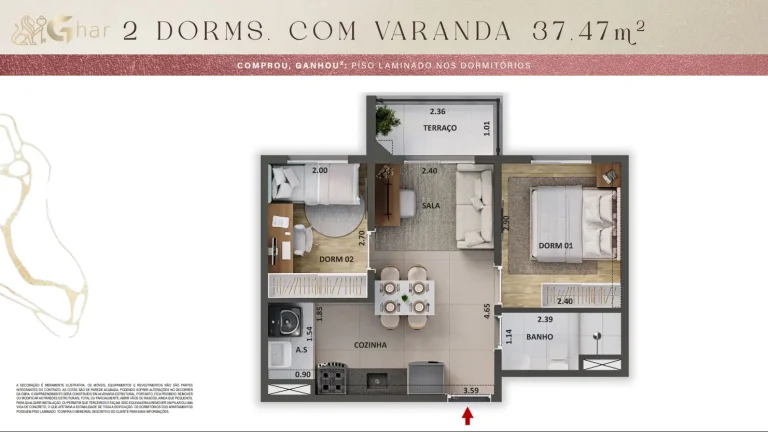 Planta de apartamento 2 dormitórios com varanda 37,47 m² no The One Granja Julieta
