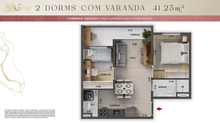 Planta de apartamento 2 dormitórios com varanda 41,25 m² no The One Granja Julieta