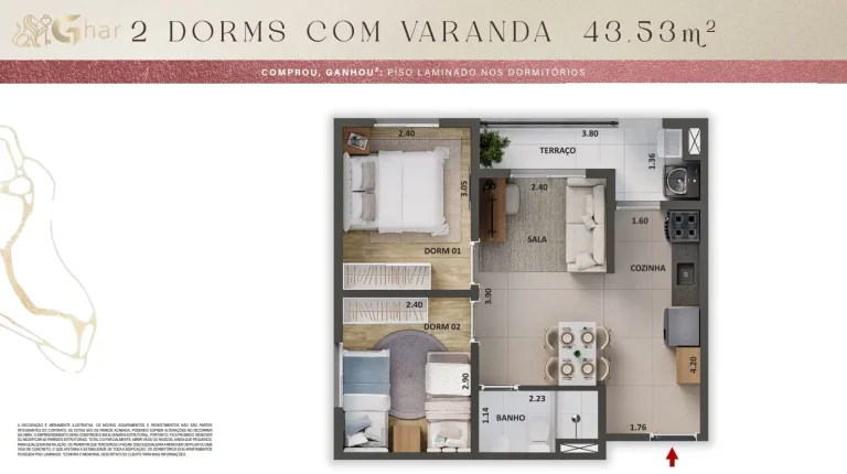 Planta de apartamento 2 dormitórios com varanda 43,53 m² no The One Granja Julieta