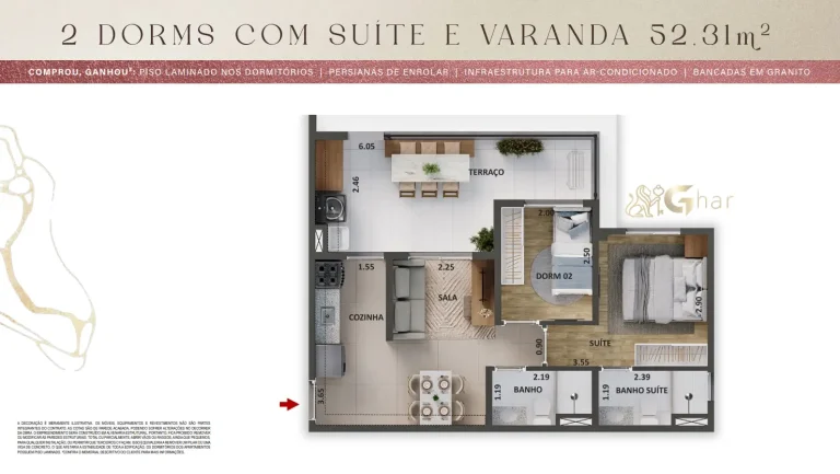 Planta de apartamento 2 dormitórios com suíte e varanda 52,31 m² no The One Granja Julieta