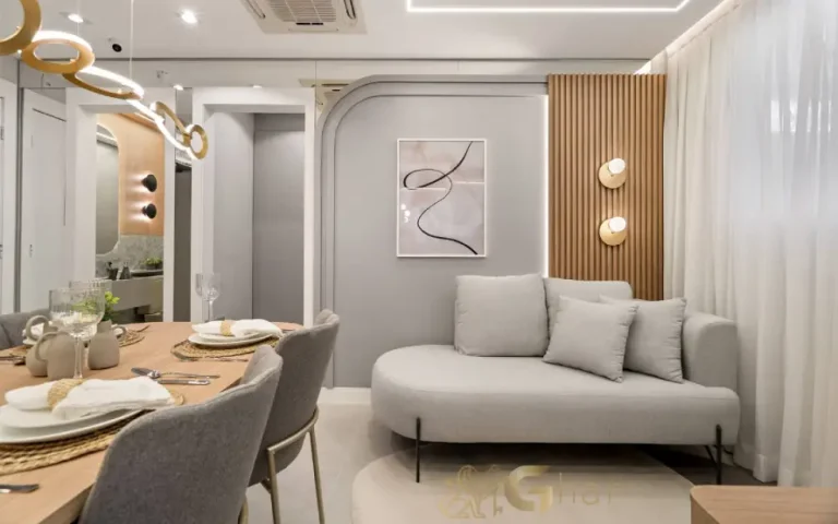 Apartamento decorado sala de estar do The Place Barra Funda