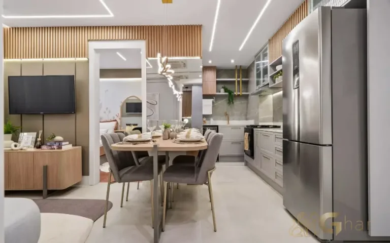 Apartamento decorado sala de jantar com cozinha aberta no The Place Barra Funda