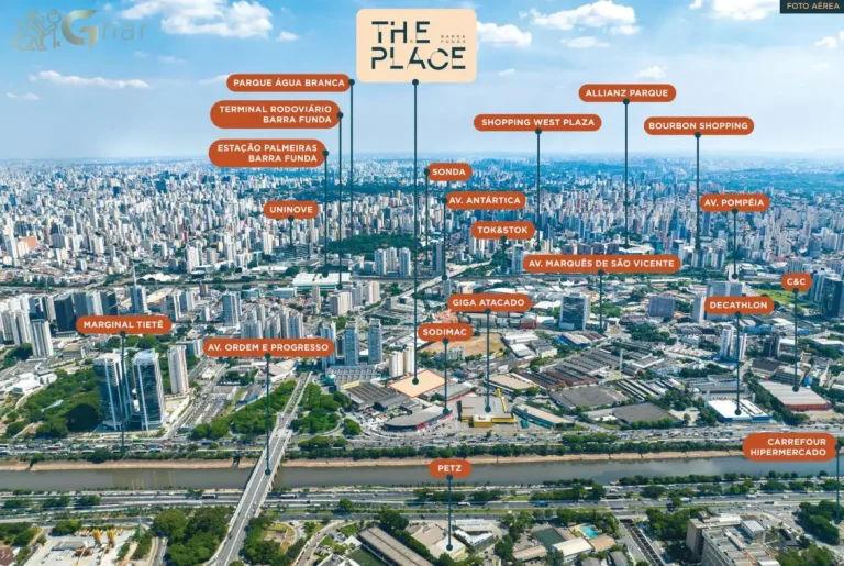 Vista aérea do bairro da Barra Funda com localização do The Place Barra Funda