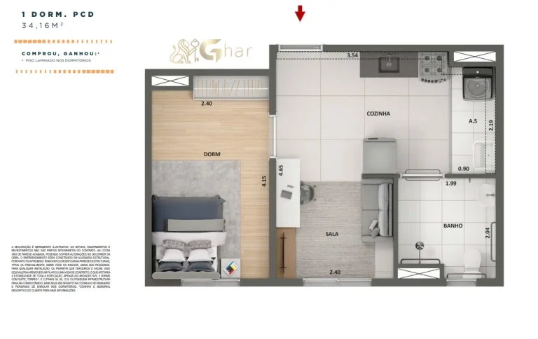 Planta apartamento 1 dormitório PCD 34,16 m² The Place Barra Funda