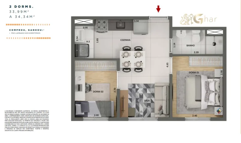 Planta apartamento 2 dormitórios 33,99 a 34,34 m² The Place Barra Funda