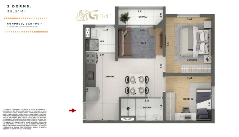 Planta apartamento 2 dormitórios 38,51 m² The Place Barra Funda