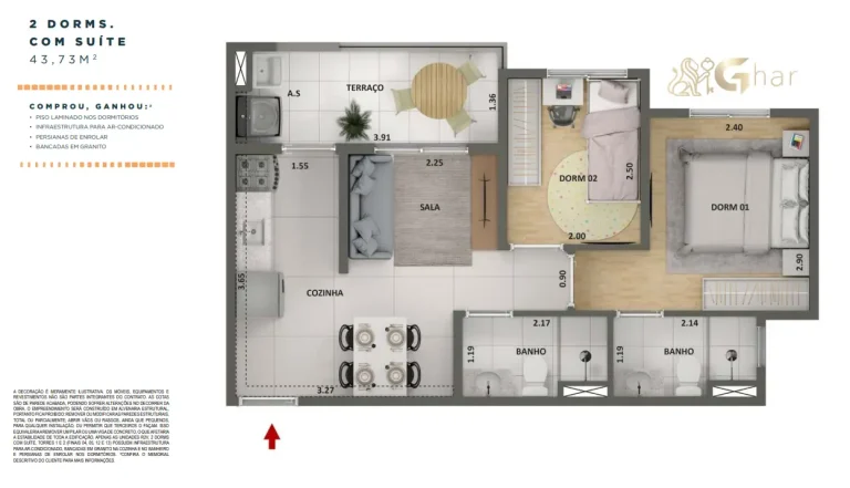Planta apartamento 2 dormitórios com suíte 43,73 m² The Place Barra Funda