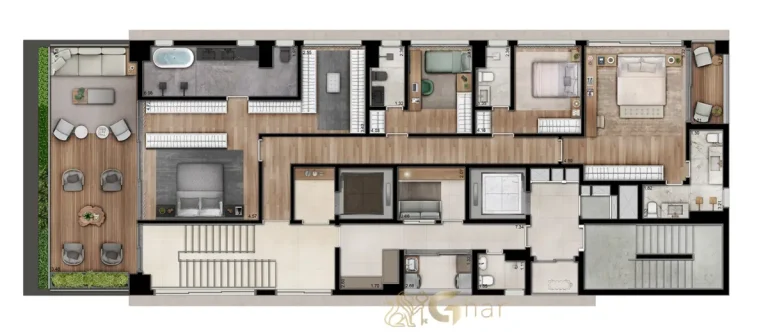 Planta do pavimento inferior da cobertura duplex de 504 m² no Tonino Lamborghini Apartments San Paolo