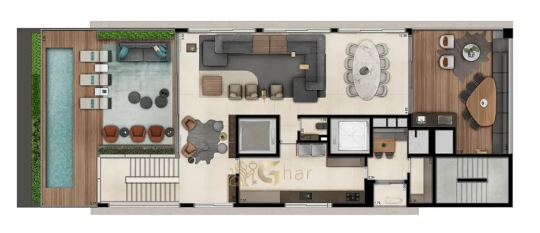 Planta do pavimento superior da cobertura duplex de 504 m² no Tonino Lamborghini Apartments San Paolo