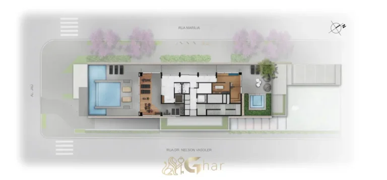 Planta de implantação do lazer no 8º pavimento do Tonino Lamborghini Apartments San Paolo