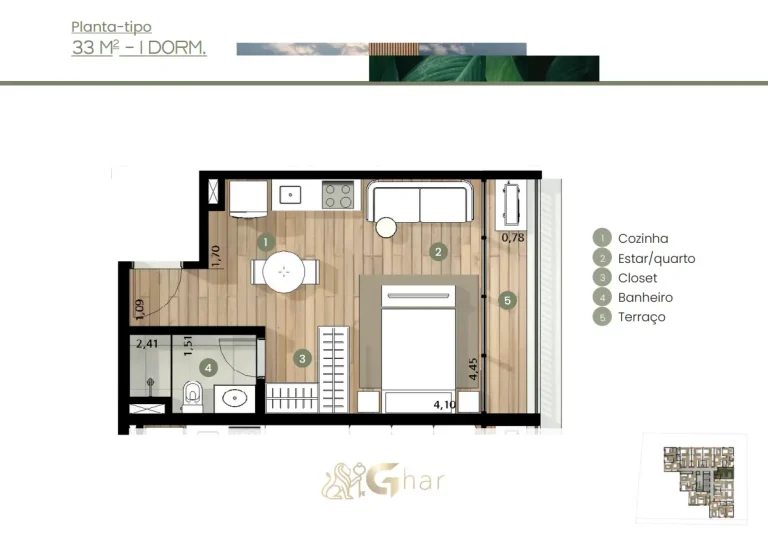 Planta De Apartamento 1 Dormitório 33m² Union Braz Leme Santana