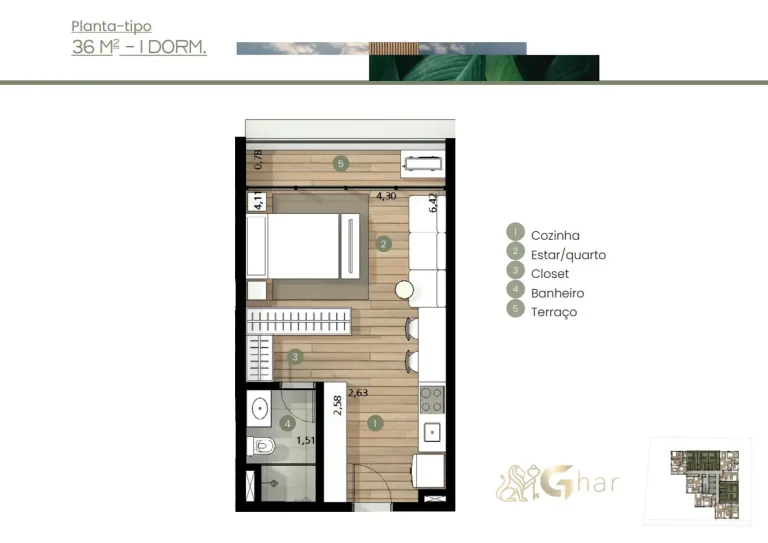 Planta De Apartamento 1 Dormitório 36m² Union Braz Leme Santana