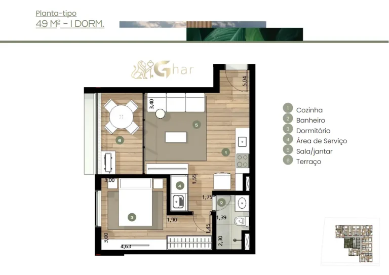 Planta De Apartamento 1 Dormitório 49m² Union Braz Leme Santana