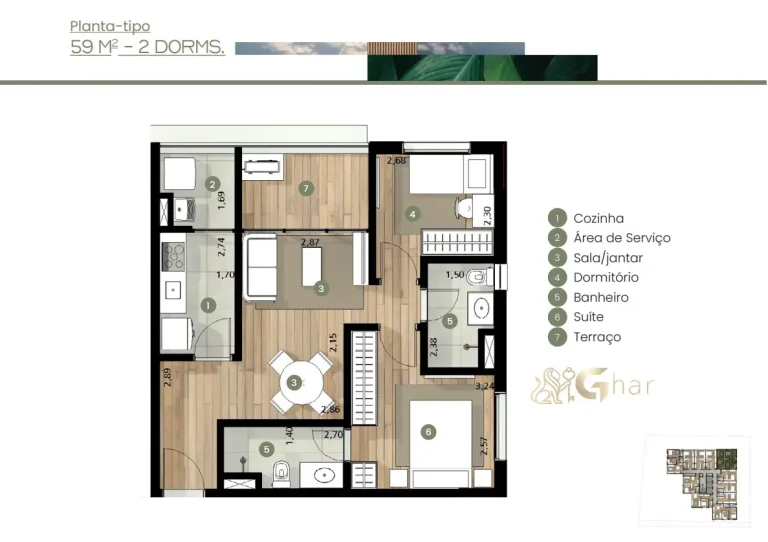 Planta De Apartamento 2 Dormitórios 59m² Union Braz Leme Santana
