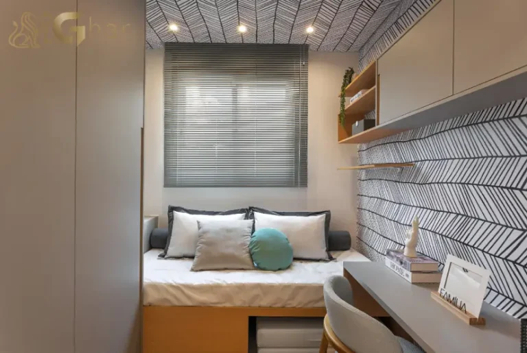 Quarto de solteiro do apartamento decorado do Uniq Panamby com layout funcional