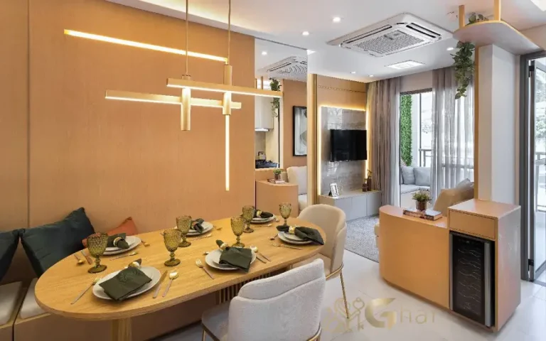 Sala de jantar do apartamento decorado do Uniq Panamby com ambiente integrado