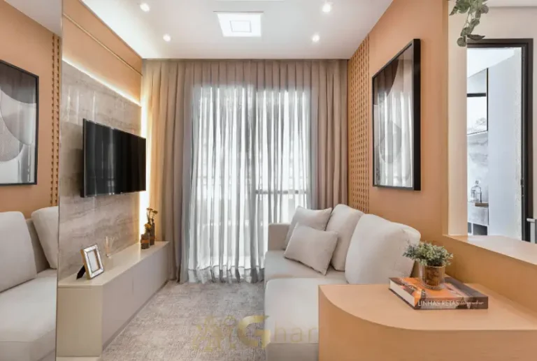 Sala living do apartamento decorado do Uniq Panamby com ambiente integrado