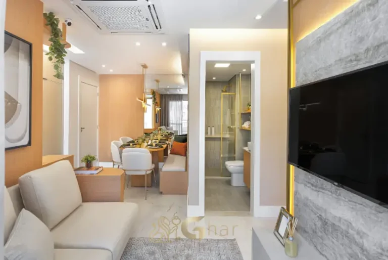 Sala de TV do apartamento decorado do Uniq Panamby com ambiente aconchegante