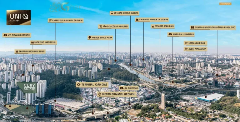 Vista aérea do Uniq Panamby e do bairro do Panamby na Zona Sul de São Paulo