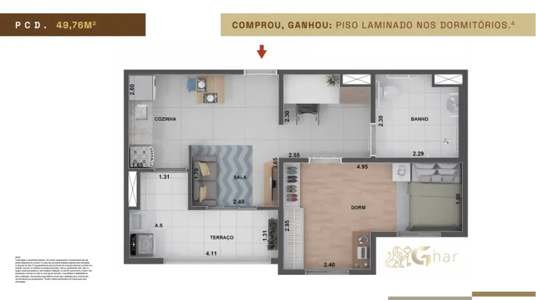 Planta de apartamento 1 dormitório PCD do Uniq Panamby com 49,76 m²