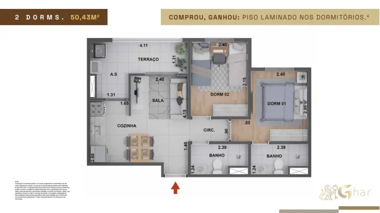 Planta de apartamento 2 dormitórios do Uniq Panamby com 50,43 m²