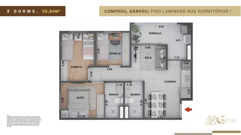 Planta de apartamento 3 dormitórios do Uniq Panamby com 56,84 m²