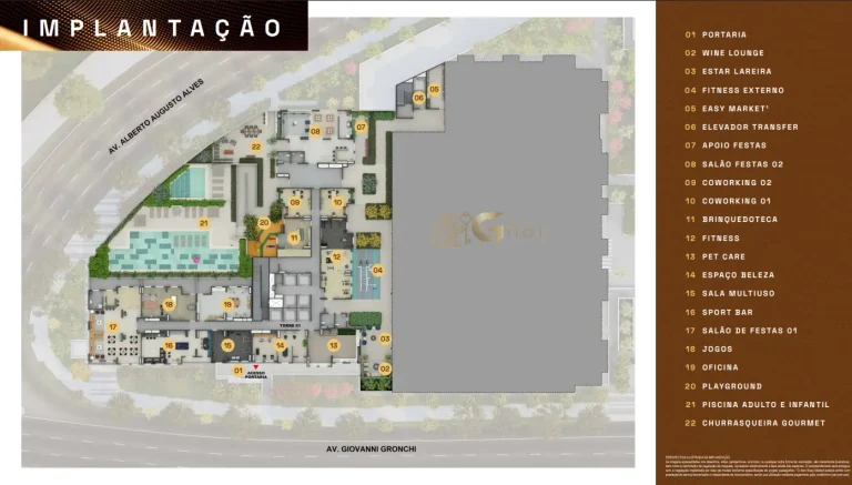 Planta de implantação do térreo com lazer do condomínio Uniq Panamby