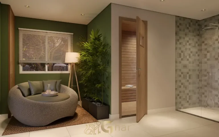 Área de descanso com sauna e ducha no condomínio Urban Vila Maria