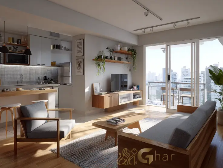 Apartamento decorado do Urban Vila Maria II com sala e cozinha aberta integradas