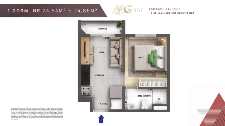 Planta de apartamento 1 dormitório Urban Vila Maria II de 24,54 m² a 24,86 m²