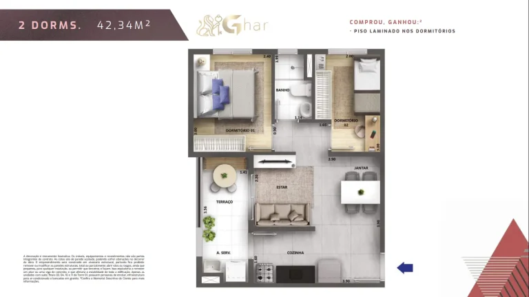 Planta de apartamento 2 dormitórios Urban Vila Maria II com 42,34 m²