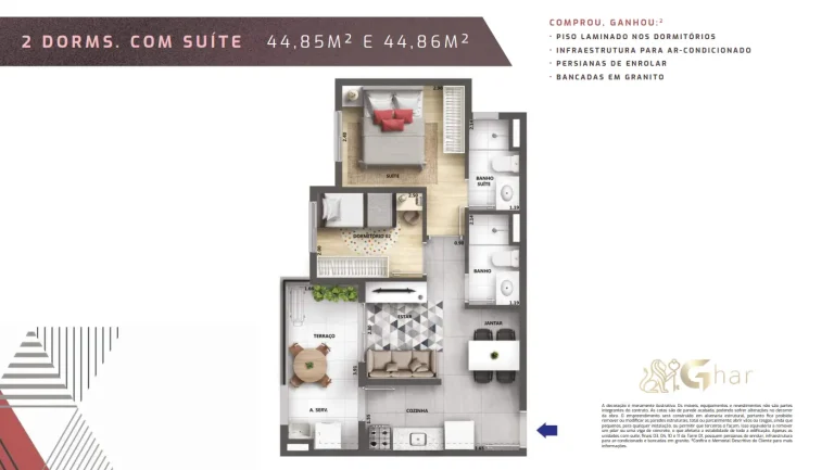 Planta de apartamento 2 dormitórios com suíte do Urban Vila Maria II de 44,85 m² a 44,86 m²