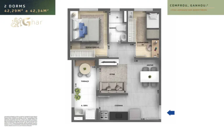 Planta de apartamento 2 dormitórios no Urban Vila Maria com 42,29 a 42,34 m²
