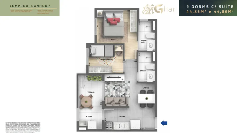 Planta de apartamento 2 dormitórios com suíte no Urban Vila Maria de 44,85 a 44,86 m²