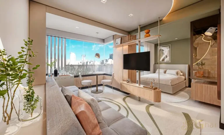 Sala de estar do apartamento decorado de 27 a 35 m² no Verde Città