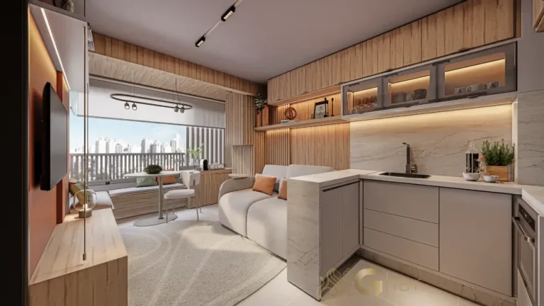 Sala living com cozinha aberta em apartamento decorado de 27 a 35 m² no Verde Città