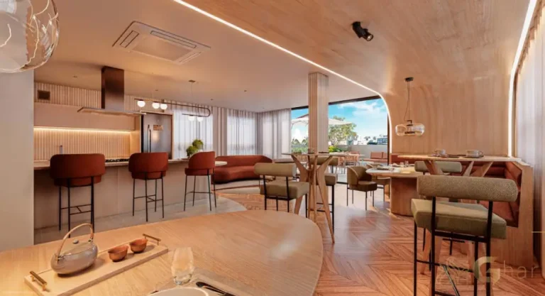 Espaço gourmet interno do condomínio Verde Città na Consolação