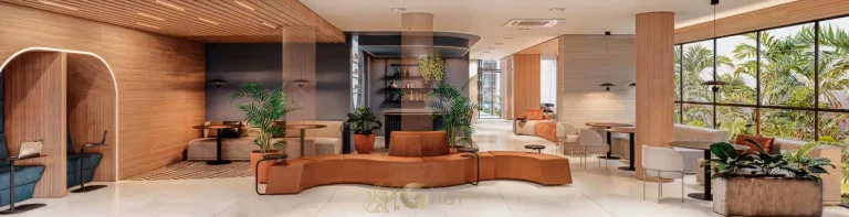 Vista do lobby amplo do Verde Città na Consolação