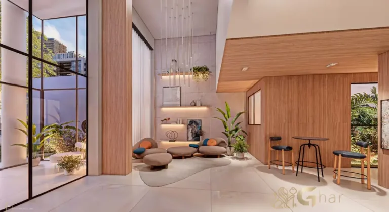 Lobby com pé-direito duplo do condomínio Verde Città na Consolação