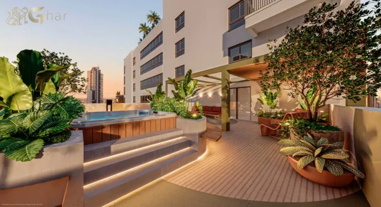 Área de ofurô da praça no 14º pavimento do Verde Città