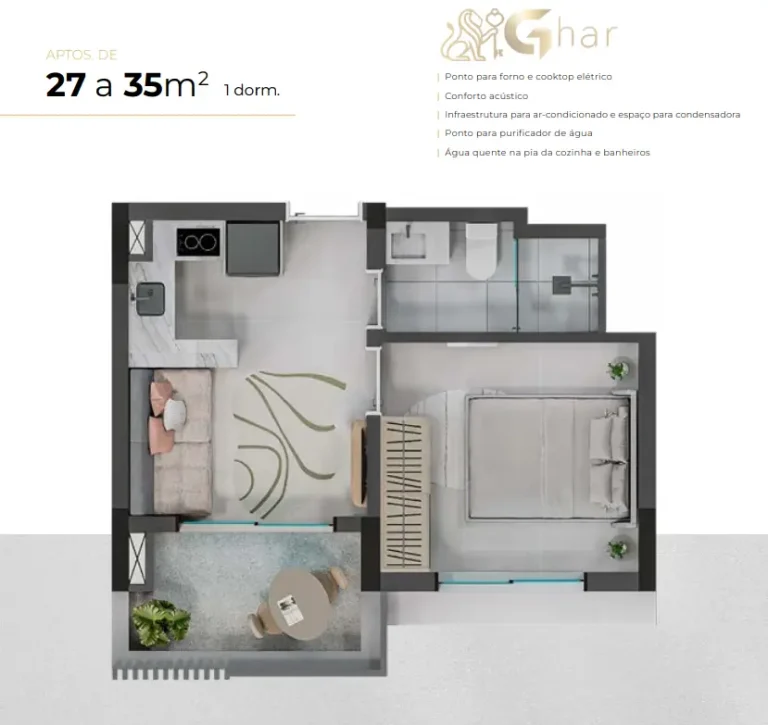 Planta de apartamento 1 dormitório de 27 a 35 m² no Verde Città