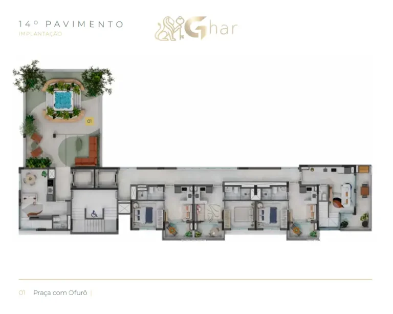 Planta de implantação do 14º pavimento com praça e ofurô no Verde Città