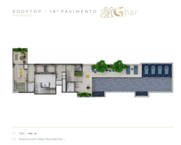 Planta de implantação do rooftop no 18º pavimento com spa e piscina no Verde Città