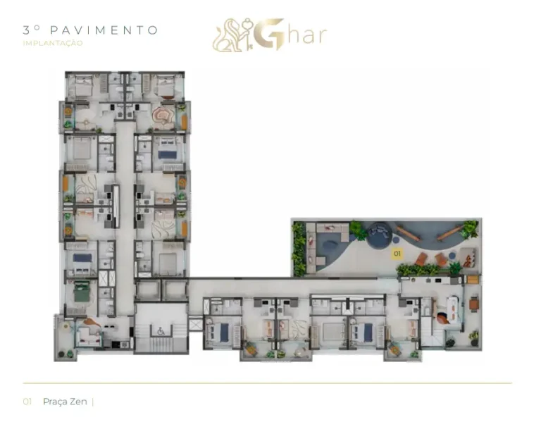 Planta de implantação do 3º pavimento com Praça Zen no Verde Città