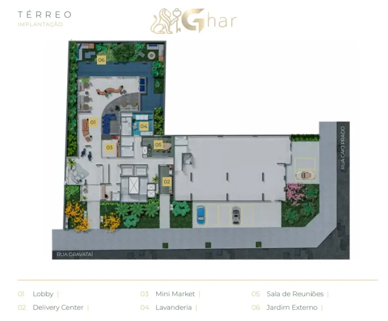 Planta de implantação do térreo do condomínio Verde Città na Consolação
