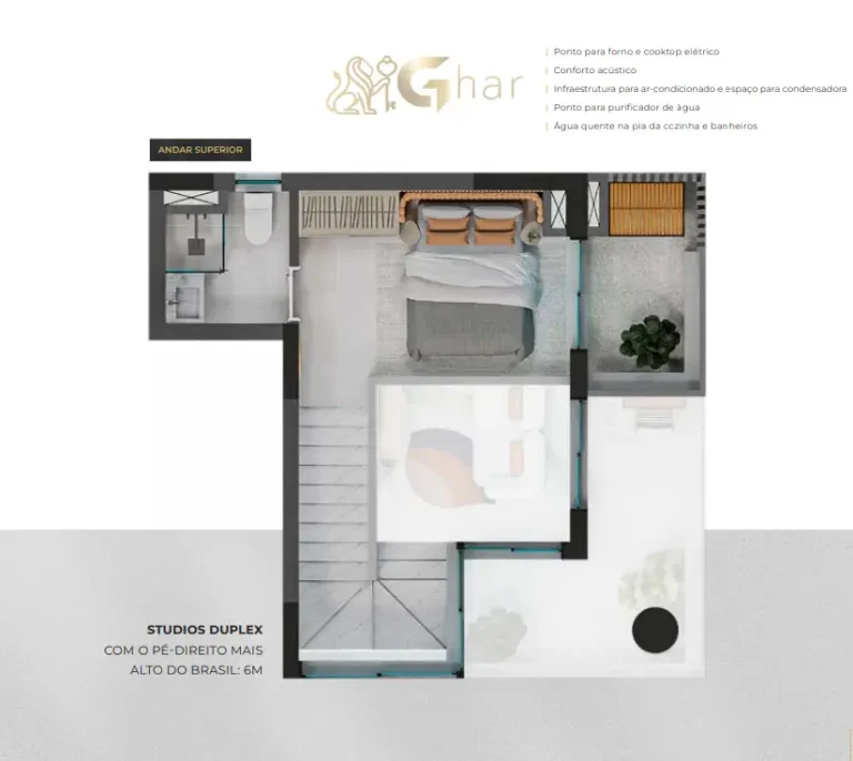 Planta do studio duplex pavimento superior com pé-direito de 6 metros no Verde Città