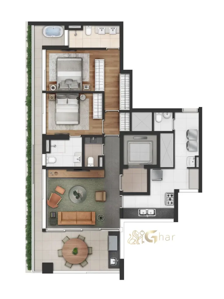 Planta do apartamento de 2 suítes com 124m² do Vinci Moema em Moema São Paulo